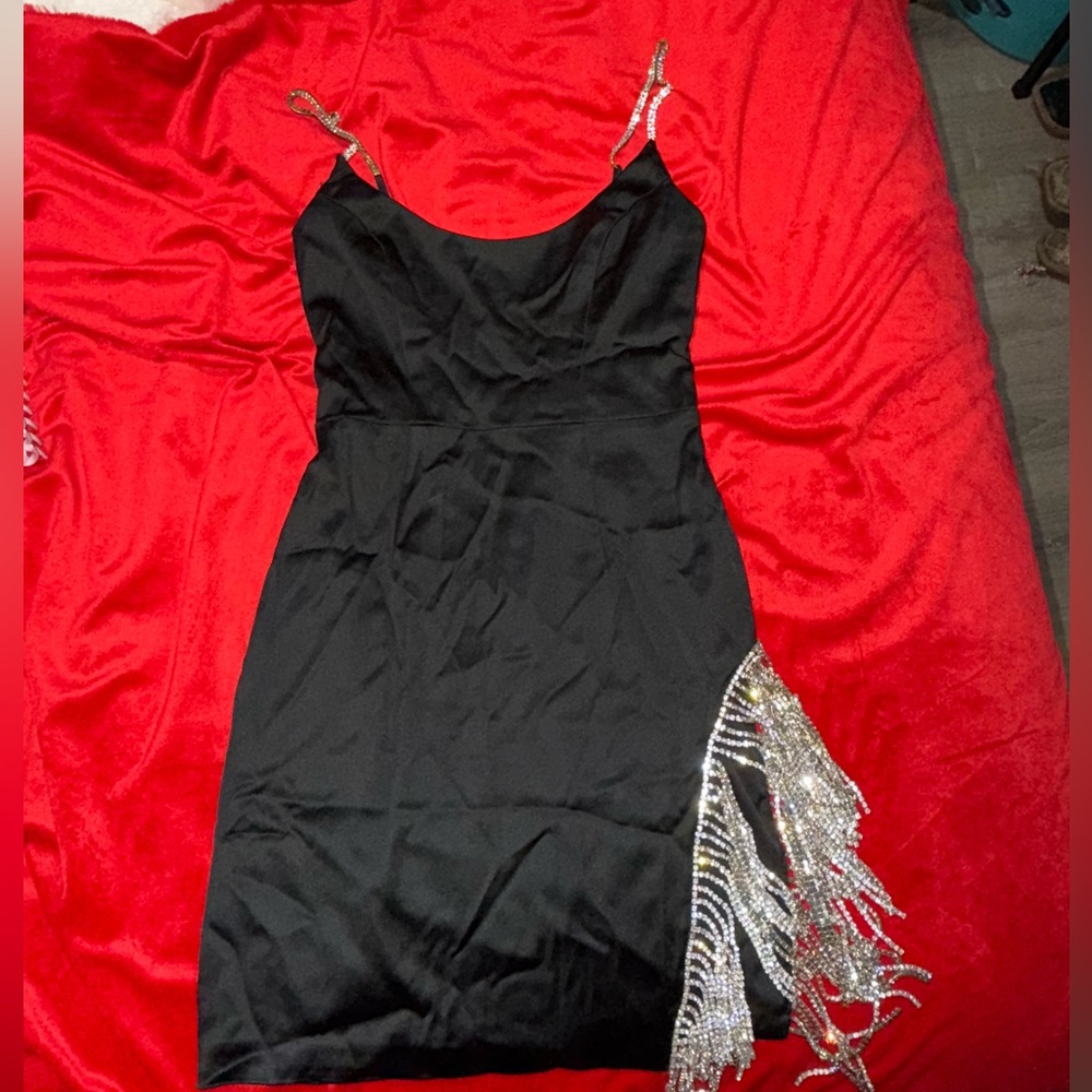 OH POLLY black satin dress with rhinstone fringe